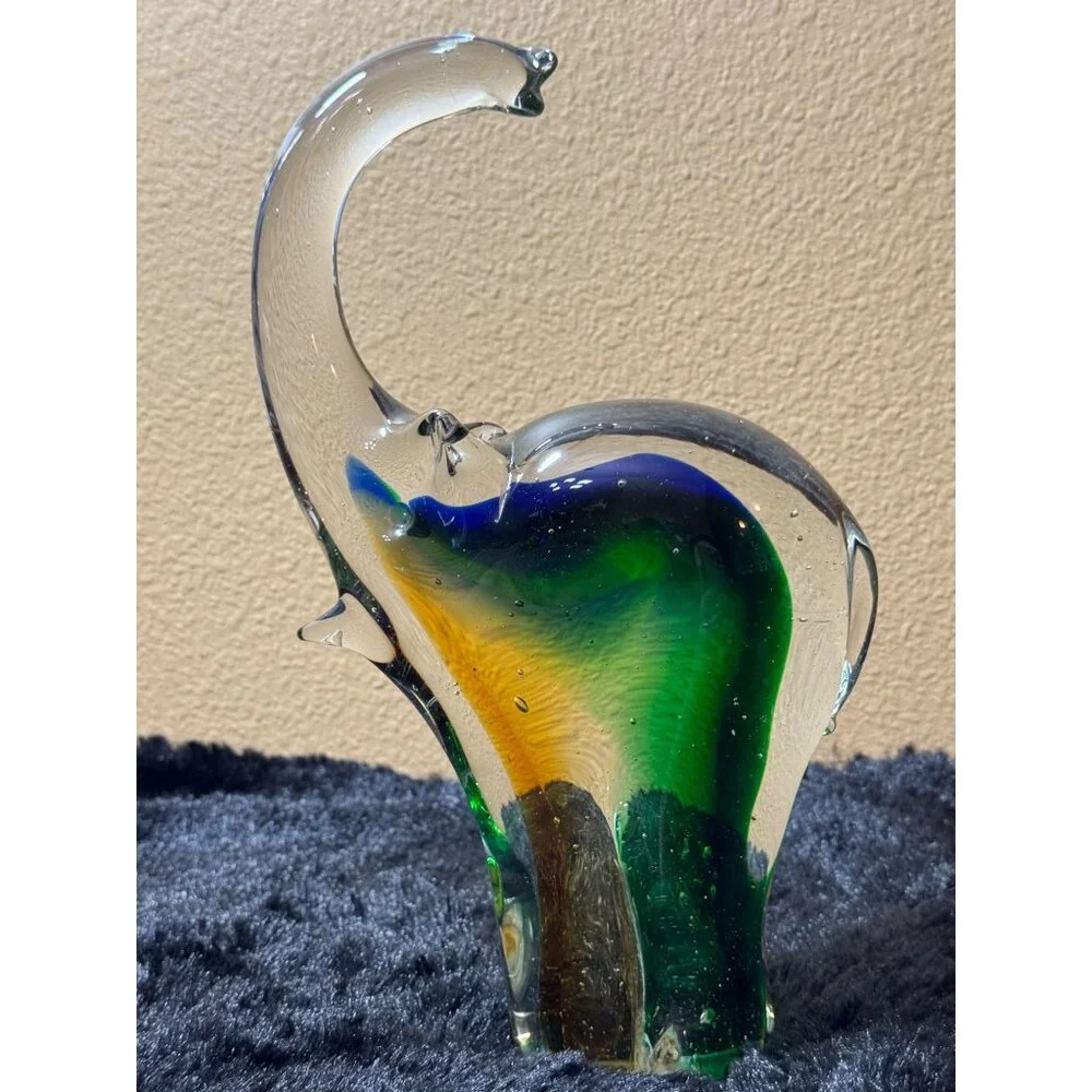 Vintage Glass Elephant Figurine10" Green & Amber Art Glass Decor - Picture 7 of 11